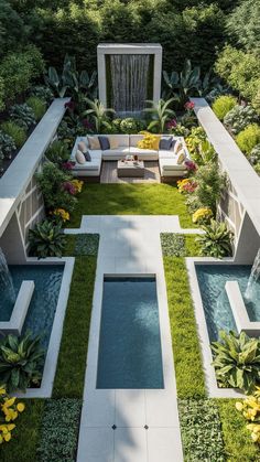 an aerial view of a modern garden with pool and seating area, surrounded by greenery