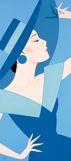 a painting of a woman with her hair blowing in the wind, wearing blue dress and earrings