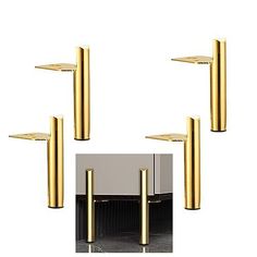 three gold colored metal poles and one is in the middle of four different angles, each with