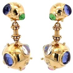 Temple St. Clair Drop Earrings featuring Diamonds and Cabochon Feldspar, Sapphire, Tsavorite. 1.5" Length 20 Grams Emerald Earrings, Ear Jewelry, Temple, Emerald, Sapphire, Jewelry Earrings, Drop Earrings, For Sale