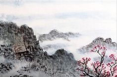 a painting of mountains and trees with red flowers in the foreground on a cloudy day