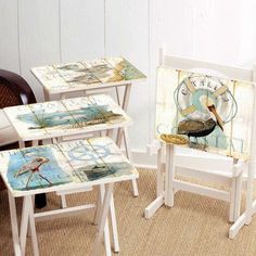 three chairs and one table with birds on them