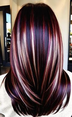 Cherry Cola And Blonde Highlights, Violet With Blonde Highlights, Hairstyles And Color For Women Over 50, Medium Fall Hairstyles 2024, Red Violet Hair Color With Highlights, Burgundy Balayage Brunettes, Fall 2024 Hair Color Trends, Burgundy Highlights On Dark Hair, Fall 2024 Hair Color