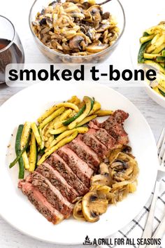 a white plate topped with meat and veggies next to a bowl of mushrooms