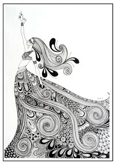 a black and white drawing of a woman with long hair in a flowing dress holding her arms up