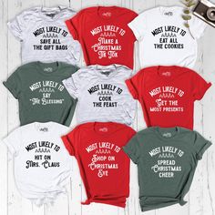 Most Likely To Christmas Crew Shirts, Christmas Party Family Matching Tee, Holiday Group Tee, Xmas Christmas Team Tee, Christmas Festive Tee Get into the festive spirit with our Most Likely To Shirt, the ultimate Christmas Crew Shirt for your holiday celebrations! Perfect for Christmas parties, this fun Christmas Party Tee brings joy and laughter to any gathering. Whether you're looking for a Family Matching Tee or a Holiday Group Tee, this Xmas Tshirt and Christmas Team Shirt adds a personal to Family Christmas Party, Matching Christmas Shirts, Food Shirt, Christmas Matching, Holiday Theme, Group Shirts, Christmas Shop, Xmas Shirts, Matching Tees