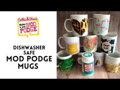 the dishwasher safe mod podge mugs are stacked on top of each other