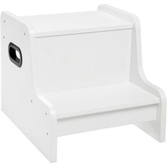 a white step stool with black handles on the front and back sides, for toddlers to use