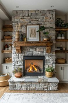 a living room with a fire place and shelves on either side of the fireplace that are filled with potted plants