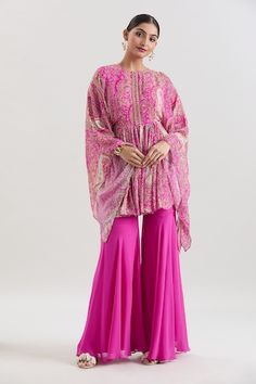 Buy Pink Silk Cowl Asymmetric Draped Tunic And Pant Set For Women by Rajdeep Ranawat Online at Aza Fashions. Anamika Khanna Cape, Organza Palazzo, Nilofer Shahid, Heavy Suit, Tunic With Pants, Afghani Clothes, Embroidery Mirror