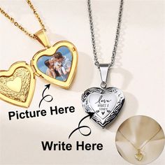 Description & Details Briefly describe your custom order, you can message us your ideas before or after check out. High quality titanium stainless steel Hypoallergenic, gold plating 23 x 20 mm locket 16 - 18 inch chain, adjustable Name Locket, M Name, A And M, Necklaces Heart, Women Necklaces, Picture Necklace, Photo Locket Necklace, Personalized Anniversary Gifts, Family Images