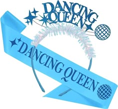 a blue ribbon with the words dancing queen on it and a globe in the background