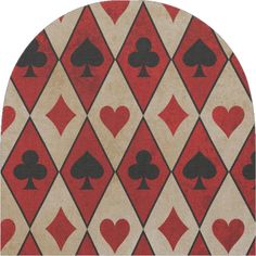 a rug with playing cards on it in red and beige colors, including hearts, spades, and diamonds