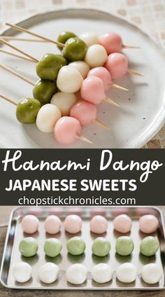 japanese sweets with green and pink marshmallows on skewers in the middle