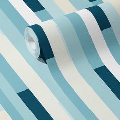 a blue and white striped wallpaper with a roll of tape in the middle on it