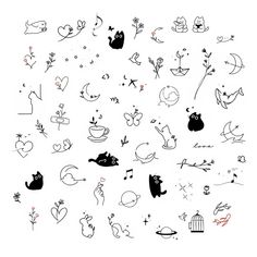 an image of many different designs on a white background with black and red inks