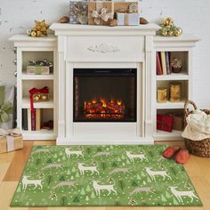 the fireplace is decorated with christmas decorations and presents