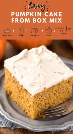 a close up of a piece of cake on a plate with a fork and pumpkins in the background