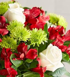 red and white flowers in a vase with green leaves on the side, close up