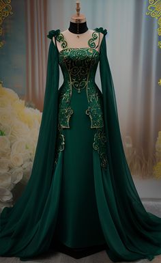 Emerald Green Fantasy Dress, Green Fantasy Outfit, Female Armor Dress, Green Fantasy Dress, Asgardian Dress, Dress Queen, Armor Dress, Fantasy Dresses, Royal Dresses