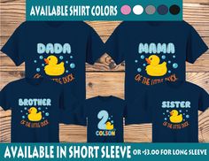 3 to 10 shirts with ANY AGE. Birthday shirt set for the family. A shirt for mom, dad, brother, sister, and the birthday boy or family members with a rubber ducky theme. The name is for reference and shows where your child's name will go. The birthday boy's shirt is front and back but the family shirts are front design only. To order this design with 1 or 2 shirts click this link: https://www.etsy.com/listing/1677428354/1-or-2-shirts-with-any-age-family? HOW TO ORDER: Please add the below detail Funny Shirt For Birthday And Father's Day, Blue Family Matching Shirt For Birthday, Family Matching Blue Shirt For Birthday, Blue T-shirt For Gender Reveal On Father's Day, Blue T-shirt For Father's Day Gender Reveal, 2nd Birthday Shirt, Newborn Bodysuit, Family Birthday Shirts, Big Bear Lake