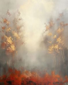 an abstract painting of trees in the fog