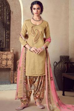 Dazzle everyone around as you walk into a wedding wearing this Beige Cotton Patiala Suit which makes it astonishingly charming. This U neck and Quarter Sleeves garment embellished in resham, zari and stone work. Present with Cotton Patiala Salwar in Multi Color Color with Pink Chiffon Dupatta. Style Pashmina, Wedding Salwar Kameez, Punjabi Style