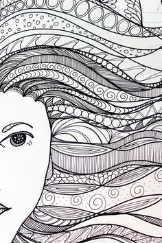 a drawing of a woman's face with wavy hair and dots on the background