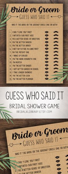 two wedding game cards with the words guess who said it and bride or groom on them