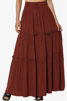 Kelton Ruffle Tiered Woven Maxi Skirt DARK RUST_1 Drawstring Maxi Skirt, Flowy Tiered Bottoms With Elastic Waistband, Solid Color Flowy Skirt With Banded Waist, Vacation Tiered Maxi Skirt With Drawstring, Chic Tiered Skirt With Drawstring, Drawstring Tiered Maxi Skirt For Vacation, Fall Vacation Tiered Skirt, Tiered Skirt Bottoms For Fall Vacation, Tiered Skirt For Fall Vacation