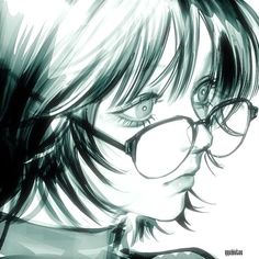 a drawing of a girl with glasses looking at something