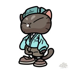 a drawing of a cat wearing a blue hat and jacket with the word hello kitty on it