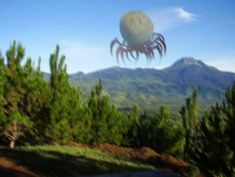 an image of a crab flying in the air over trees and mountains on a sunny day