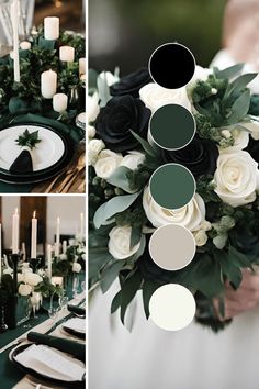 the table is set with white and green flowers, greenery, candles and plates