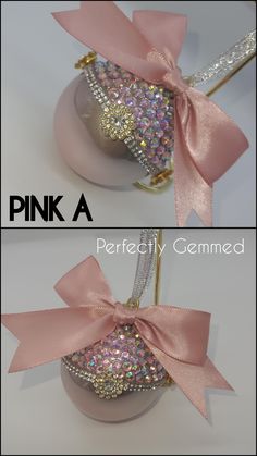 pink and gold ornaments with bows on them are shown in two different pictures, one is empty