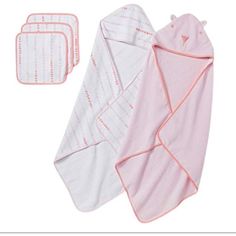 three pink and white baby blankets, one with a bear on the front and one with a teddy bear on the back