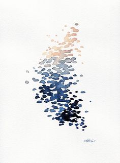 watercolor painting of blue and orange colors on white paper with black dots in the middle