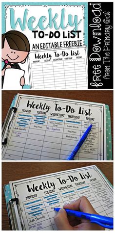 the weekly to do list is shown in three different pictures and has a blue pen on top