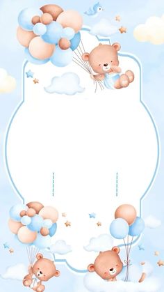 a baby shower with teddy bears flying in the sky and balloons floating around it's head