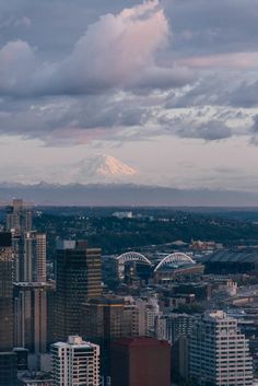 a city with tall buildings and a mountain in the background, as seen from above