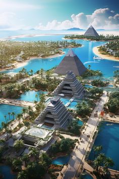 an artist's rendering of the pyramids and surrounding buildings in front of water