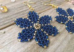 Flowers earrings Navy & gold Huichol beaded earrings Large | Etsy Beading Earring, Blue Beaded Earrings, Beaded Stuff, Gold Bead Earrings, Flowers Earrings, Beaded Earrings Tutorials, Blue Beaded Bracelets, Bead Charms Diy, Hippie Earrings