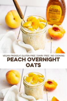 peach overnight oats in mason jars with fresh peaches