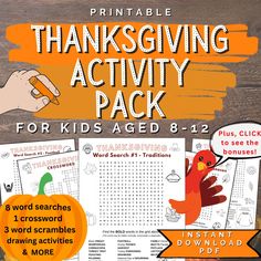 printable thanksgiving activity pack for kids ages 8 - 12 includes word search, word scrambles and more