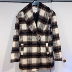 Nwot! I Still Have The Original Tags With Extra Button Which You Will Of Course Receive! Size Small. Jacket Is Super Soft! Cream Color Base With A Brown/Pink/Black Plaid Pattern. L 29” W 19” (Chest). Message With Questions! Beige Button-up Pea Coat For Fall, Cream Long Sleeve Outerwear With Double-breasted Fastening, Cream Pea Coat With Button Closure For Fall, Cream Double-breasted Long Sleeve Outerwear, Cream Long Sleeve Double-breasted Outerwear, Cream Single-breasted Pea Coat For Fall, Cream Outerwear With Double Button Closure For Fall, Cream Outerwear With Double Button Closure And Lapel Collar, Fall Cream Outerwear With Double-breasted Button