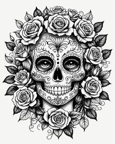 a sugar skull with roses on it's head and leaves around the eyes, in black and white