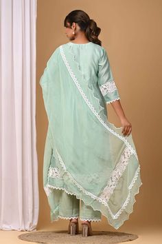 Green yoke gathered kurta with lace embellishment. Paired with coordinating pant and scallop border dupatta. - Aza Fashions Cotton Wedding Sets With Lace Trim, Wedding Sets With Lace Trim In Cotton, Festive Cotton Sets With Lace Trim, Scallop Border, Lace Neckline, Green Lace, Pants Pattern, Pant Set, Set For Women