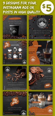 an advertisement for coffee shops with different images and text on it, including the words instagram