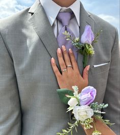 lavender corsage inspiration. lavender and grey suit. prom nail inspiration. Lavender Wedding Decorations, Light Purple Prom Dress, Prom Flowers Bouquet, Lavender Prom, Tangled Wedding, Prom Bouquet, Prom Corsage And Boutonniere, Boutonnieres Prom, Corsage And Boutonniere Set