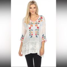 Perfect Brand New Excellent Condition With Tags Attached. Please Review Photos For Details As All Sales Are Final No Returns- As Described Guaranteed Buy With Confidence 100% Authentic Johnny Was Embroidered Sheri Tunic Top Retail 2022/2023 $280- Tags: Free People Boho Chic Embroidery Chasing Unicorns Questions? Leave A Comment Below! Spring Embroidered White Blouse, Embroidered White Blouse For Spring, Spring Vacation Blouse With Intricate Embroidery, Folk Style Embroidered Top For Spring, Intricate Embroidery Blouse For Spring Vacation, Spring White Blouse With Embroidered Neckline, Multicolor Embroidered Top With Embroidered Hem For Spring, Folk Style Blouse With Tonal Embroidery For Spring, White Tops With Tonal Embroidery